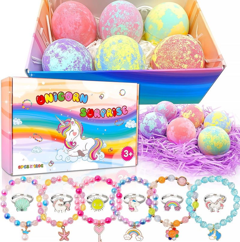 MADO Unicorn Bath Bombs with Surprise Inside for Kids Girls, Bath Bombs Surprise Birthday Gifts Unicorn Gifts for Kids Girls with Jewelry Toys Inside - Image 1